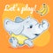 Cute elephant kawaii character social media post mockup. Lets play lettering. Positive poster, card template with zoo running