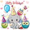 Cute Elephant and owls with balloon and bonnets