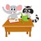 Cute elephant and raccoon student characters sitting at school desk