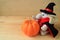 Cute elephant soft toy in wizard costume with a bright orange color ripe pumpkin isolated on the wooden table