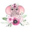 Cute elephant in a wreath of flowers Poster for children`s room, baby shower, wall art. Botanical arrangement