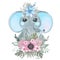 Cute elephant in a wreath of flowers Poster for children`s room, baby shower, wall art. Botanical arrangement