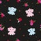 Cute Elephants. Baby girl. Baby boy. Baby shower background. Seamless ditsy floral hand drawn roses pattern for textile