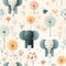 Cute Elephants and Botanicals Seamless Pattern