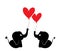 Cute elephants silhouette holding heart balloon, vector. Two elephant cartoon characters, minimalist poster design