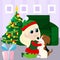 A cute elf girl is in a room decorated before Christmas. The child hugs the puppy. The girl is smiling and happy.