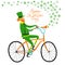 Cute elf leprechaun on city bicycle with clover