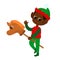 A cute elf waves hello and rides a toy horse. The child is wearing traditional elf clothing. Cartoon Christmas illustration