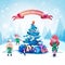 Cute Elfs Near Decorated Christmas Tree Over Winter Forest Landscape Holiday Greeting Card