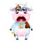 Cute emotional cartoon cow with bell and flower