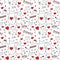 Cute Enamored cats with hearts. Seamless vector pattern. Red black and white colors. Doodle style