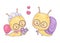 Cute enamored couple of elderly snails. Funny grandparents insects kawaii characters. Grandmother with flowers and