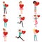 Cute enamored people characters set with paper red hearts in hands. Preparing for Valentine s Day. Flat vector on white.