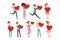 Cute enamored people characters set with paper red hearts in hands. Preparing for Valentine s Day. Flat vector on white.