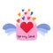 Cute envelope with wings, big heart inside, small hearts coming out of it. Hand drawn vector clipart. Concept of love, romance,