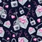 Cute envelopes with pink hearts, gray keys and locks. Watercolor illustration. Seamless pattern on a dark background