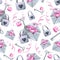 Cute envelopes with pink hearts, gray keys and locks. Watercolor illustration. Seamless pattern on a white