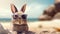 Cute Ester Bunny on the beach with gray sunglasses. Generative AI