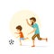 Cute excited cheerful active family, man and boy, father and son playing soccer