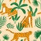 Cute exotic hand drawn leopard with tropical plant seamless pattern. Funny wild cheetah sitting, lying, walking with