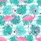 Cute exotic tropical seamless background with cartoon characters of pink flamingos