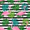 Cute exotic tropical seamless background with cartoon characters of pink flamingos