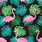 Cute exotic tropical seamless background with cartoon characters of pink flamingos