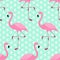 Cute exotic tropical seamless background with cartoon characters of pink flamingos