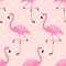 Cute exotic tropical seamless background with cartoon characters of pink flamingos