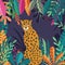 Cute exotic wild big cat cheetah sitting on dark tropical background with collection of exotic plants. Flat vector