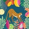 Cute exotic wild big cat cheetah stretching on dark tropical background with collection of exotic plants and fruit. Flat vector