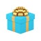 Cute expensive boyish wrapped squared gift box with golden bow ribbon 3d vector illustration