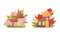 Cute fabulous cottages among summer flowers and grass set. Little stone house of gnome or elf cartoon vector