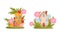 Cute fabulous houses among summer flowers and grass set. Little cottage of gnome or elf cartoon vector illustration