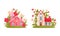 Cute fabulous houses among summer flowers set. Little house of gnome or elf cartoon vector illustration