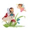 Cute fabulous set. A beautiful girl in flying fairy fairy costumes Funny winged elf princesses in cartoon style fly and