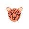 Cute face of baby leopard. Doodle leo head. Amusing portrait of funny wild feline animal with adorable eyes. Muzzle of