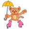 Cute face cat wearing umbrella playing roller skating, doodle icon image kawaii