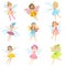 Cute Fairies In Pretty Dresses Girly Cartoon Characters Set