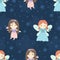 Cute fairies seamless pattern with clouds and stars in background. Childish hand drawn vector illustration perfect for textiles