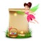 Cute fairy with blank paper. Easter background with copy space for text