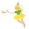 Cute fairy. Cartoon fantasy fairy princess flap rainbow magic wand. Pixie, flower elf girl