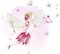 Cute Fairy character watercolor illustration on white background. Magic fantasy cartoon pink fairytale design. Baby girl