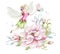 Cute Fairy character watercolor illustration on white background. Magic fantasy cartoon pink fairytale design. Baby girl