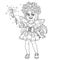 Cute in a fairy costume dressed in a suit of oak leaves and with magic wand with leaves and acorns outlined