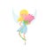 Cute fairy flying with beautiful pink flower in hands. Cartoon blond girl in blue dress. Adorable pixie with little