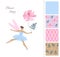 Cute fairy girl with big pink cosmos flower. Card and set of seamless patterns with flowers, leaves, rhombus and polka dot.