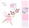 Cute fairy girl with big pink rose. Card and set of seamless patterns in romantic colors with flowers, rhombus, zigzag and dots