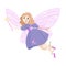 Cute Fairy with magic stick. Princess with pink wings in cartoon style. Beatiful little lilac girl for kids