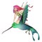 Cute fairy with pink long hair flying a colibri